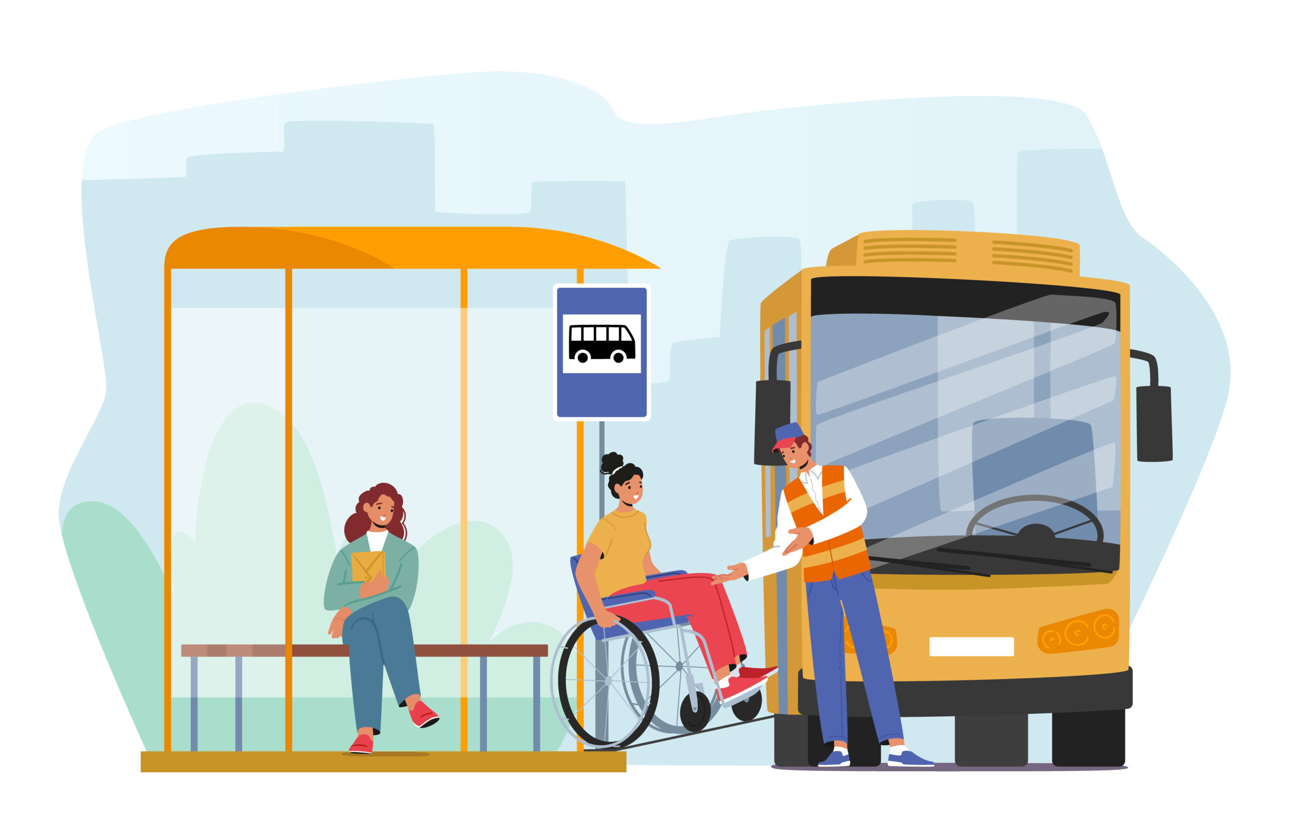 Illustration of person in wheelchair loading onto bus