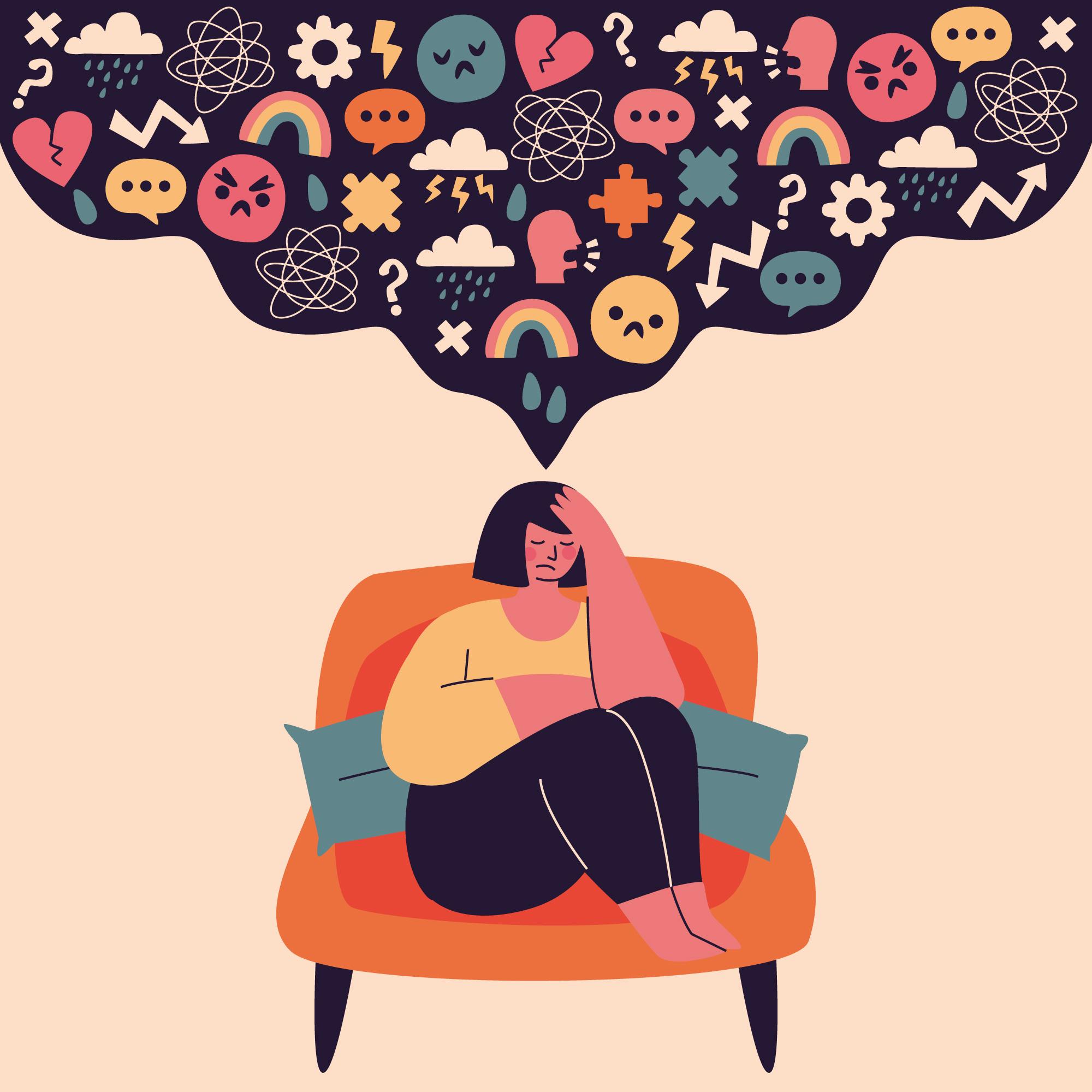 Illustration of person sitting in chair with black cloud of emotions above them.