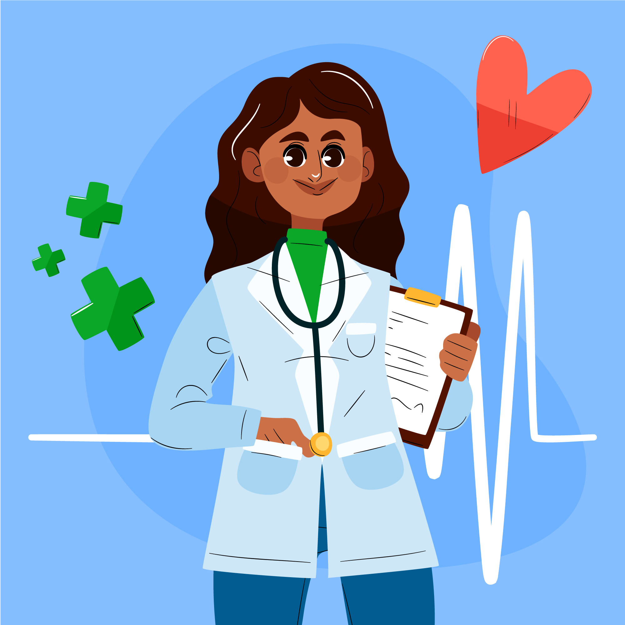 A doctor surrounded by pulse line and heart.