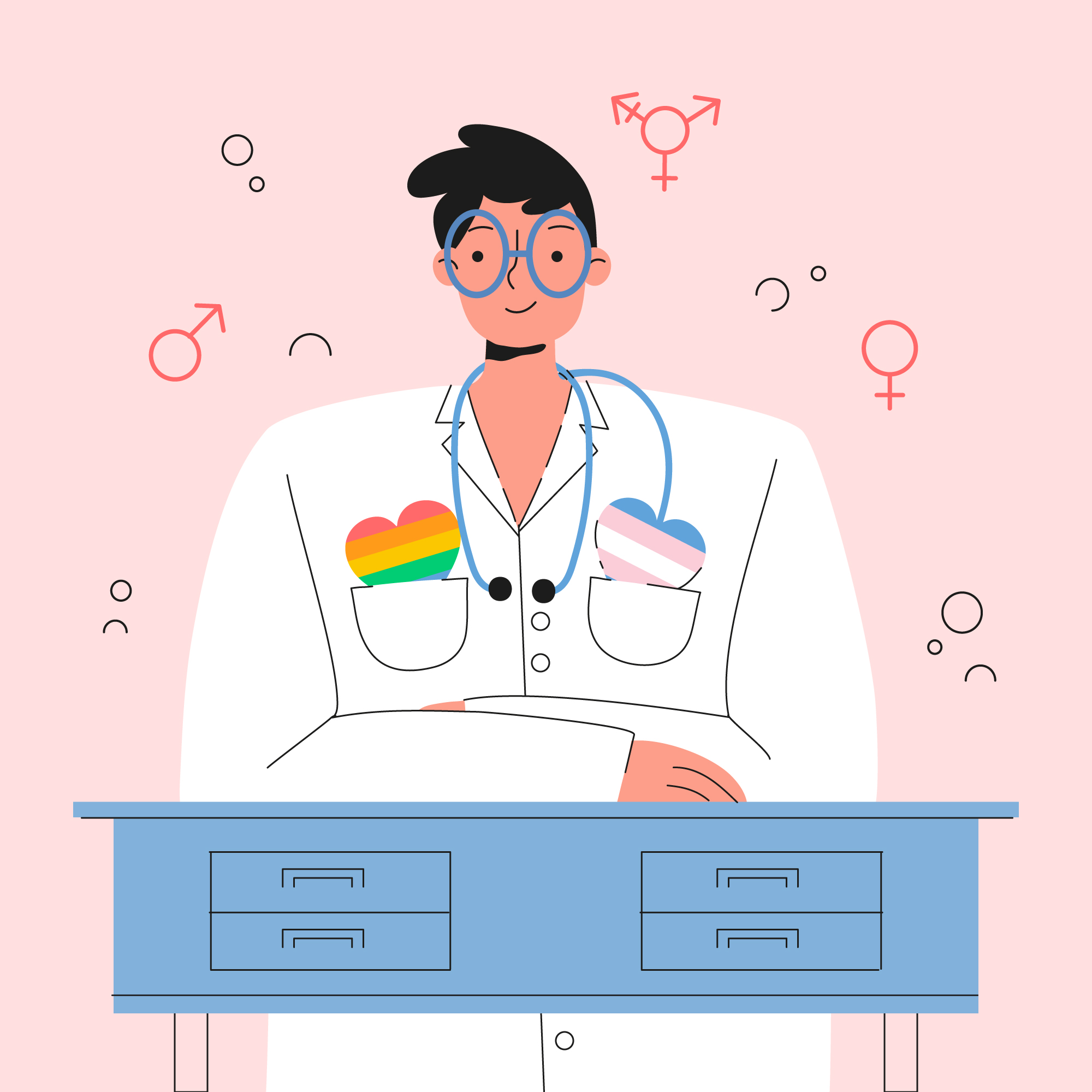 Doctor at podium with pride and transgender heart on lab coat.