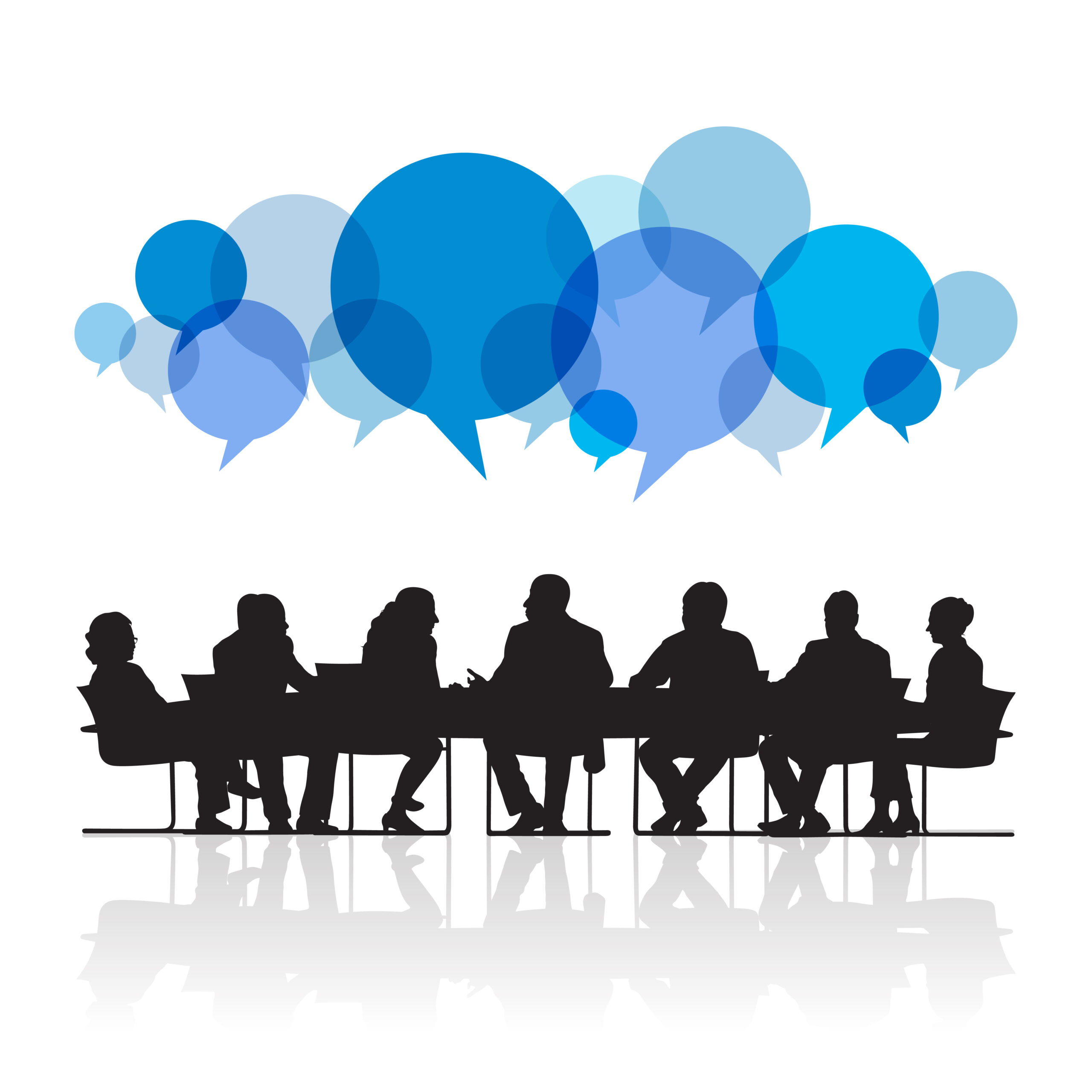 Blue speech bubbles above shadowed group of people at table.