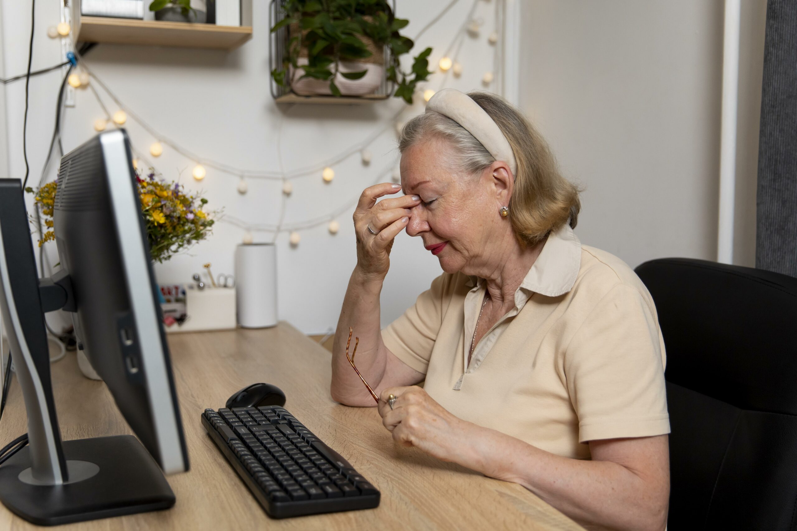 A frustrated grandparent learning how to use the computer.