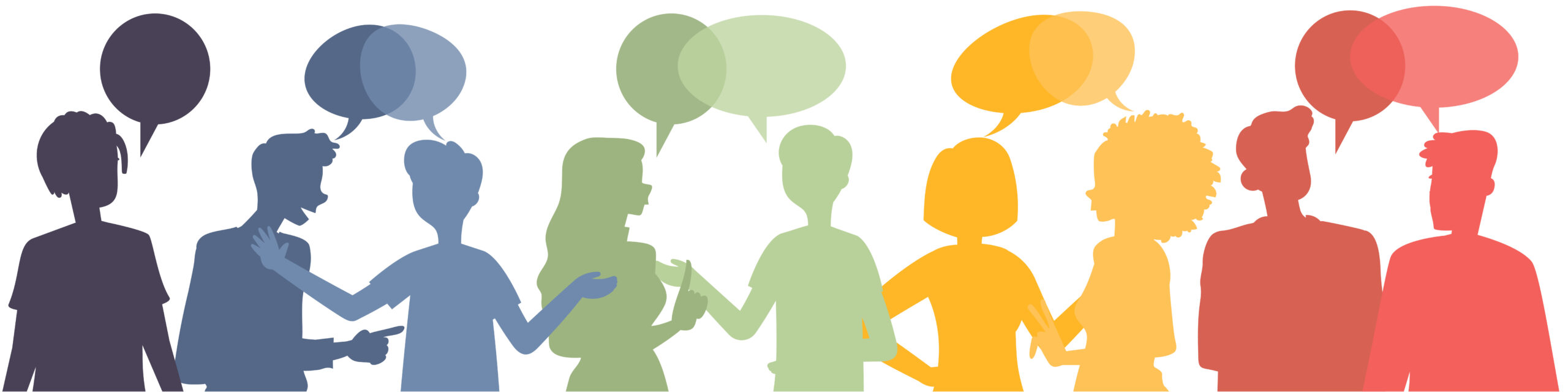 Shadowed people in conversation, coloured by black, blue, green, yellow, and red.