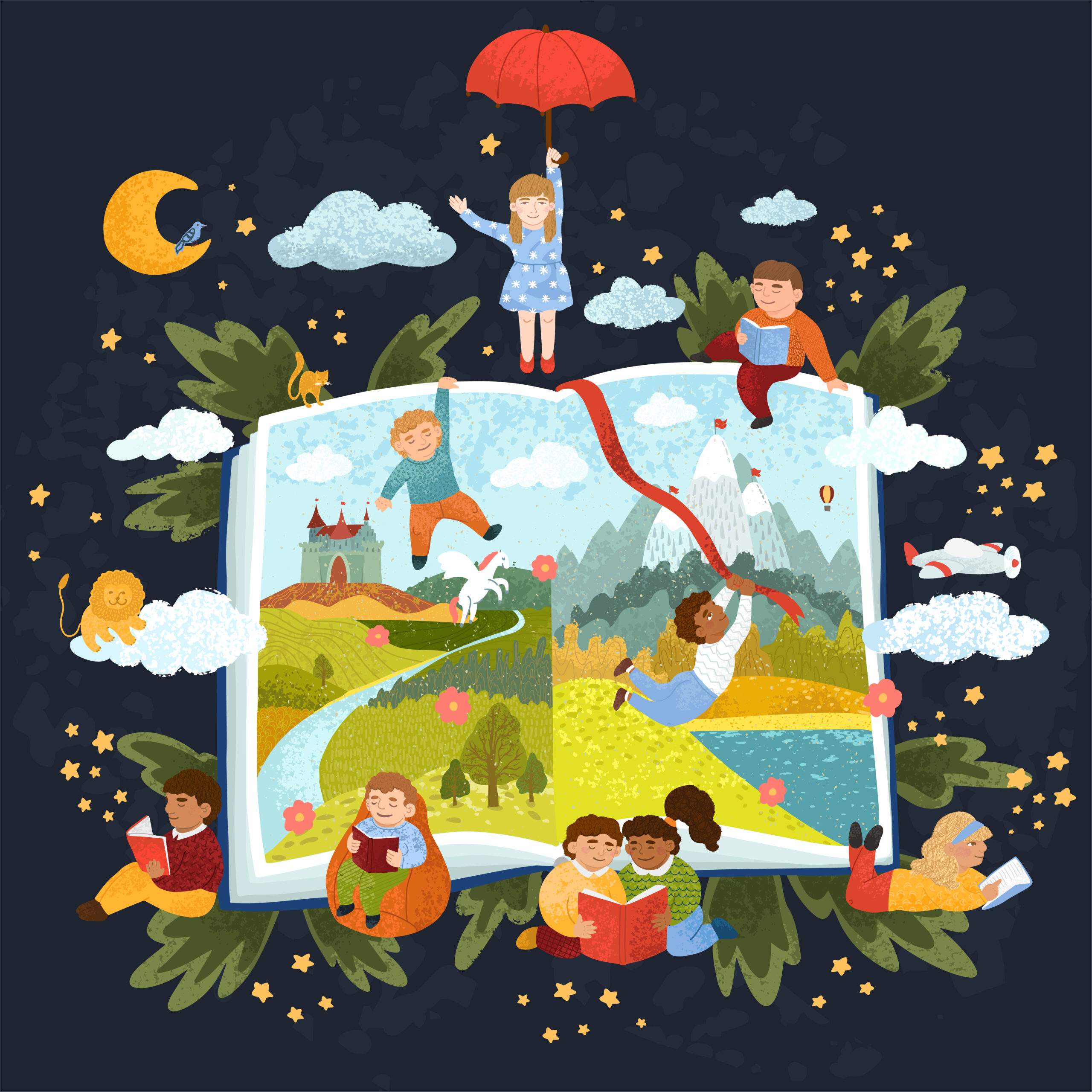 Illustration of an open childrens' book with a castle, hills, and waterways. Surrounding the book are children reading.