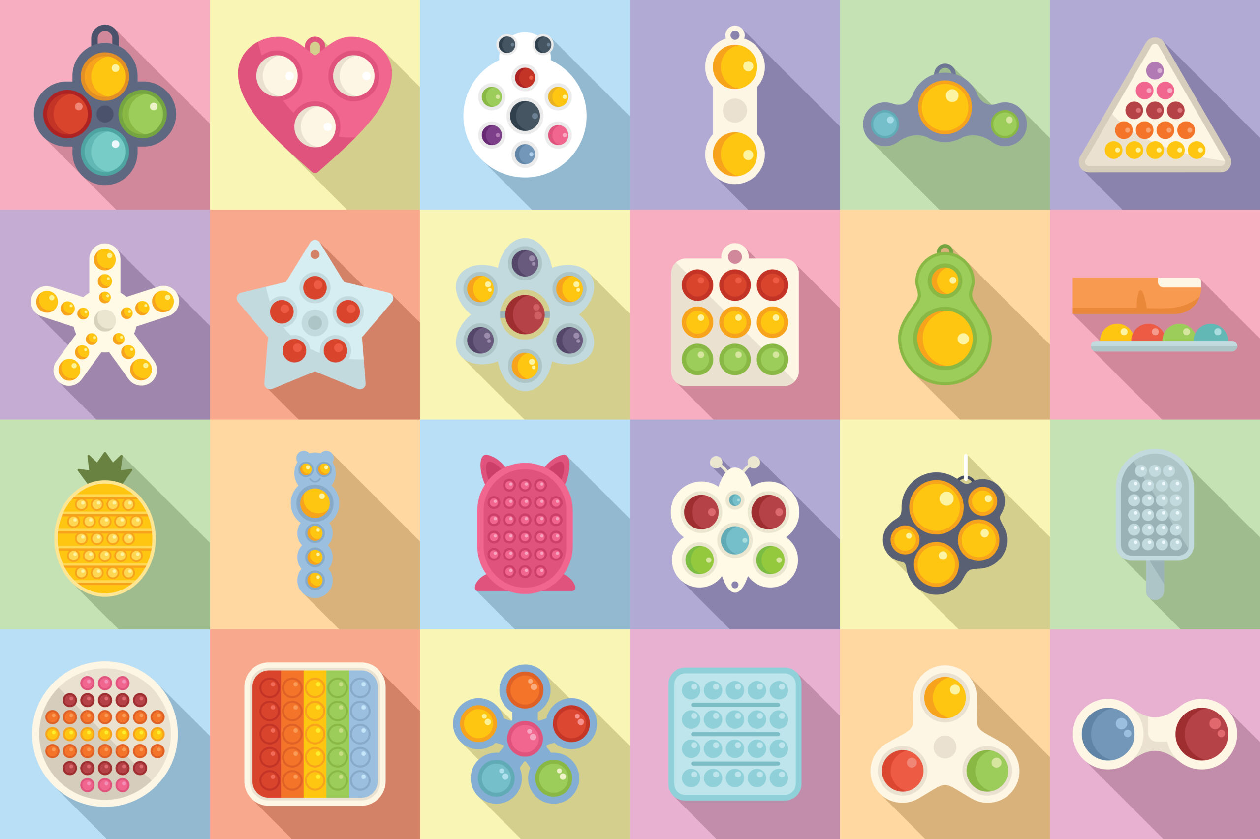 Illustration of 24 fidget/stim items.