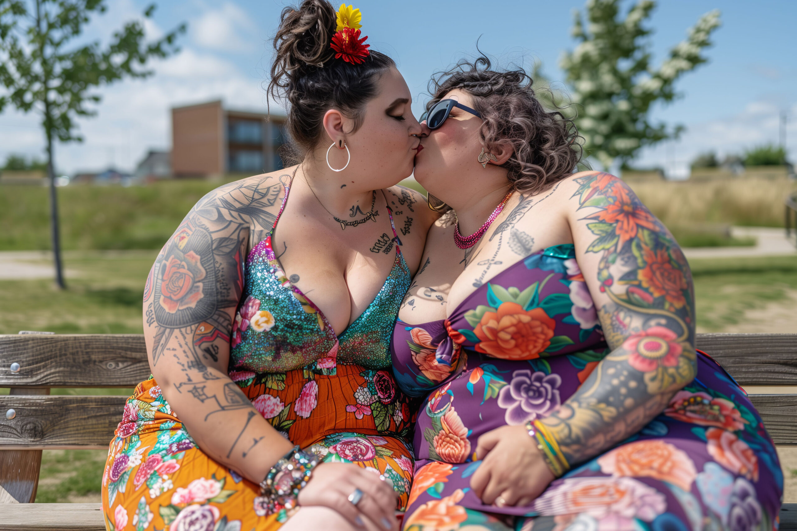 A tattoed couple kissing on a park bench.