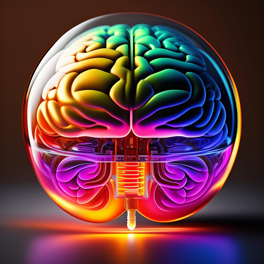 A lit rainbow brain in glass cover.
