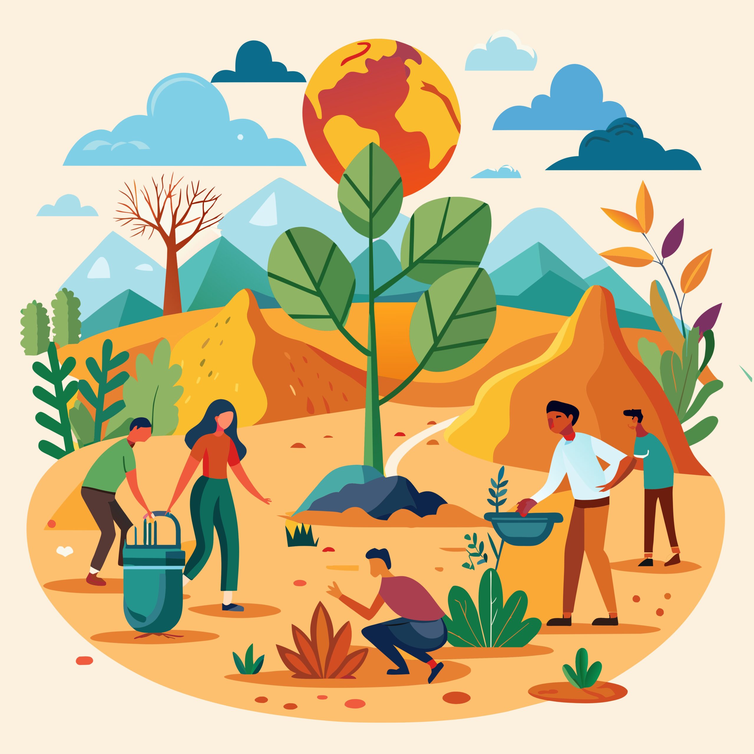 Illustration of people trying to improve desertification and drought affected land.