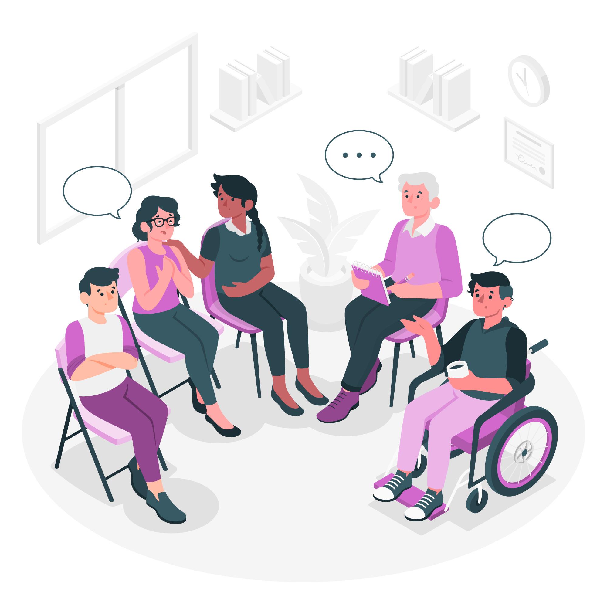 Illustration of 5 diverse people sharing their stories in a seated group.