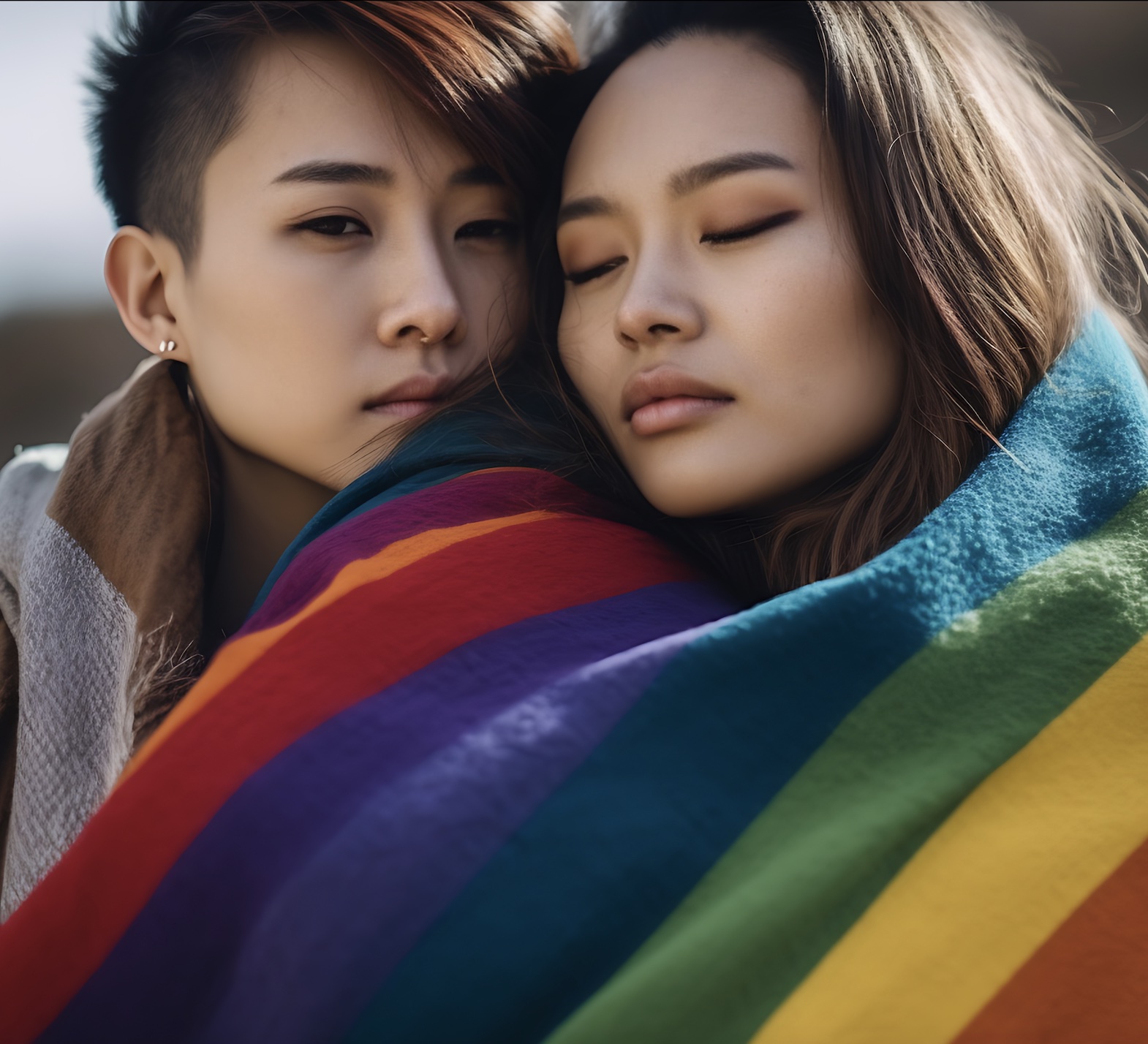 2 people, faces against one another, 1 wrapped in pride flag