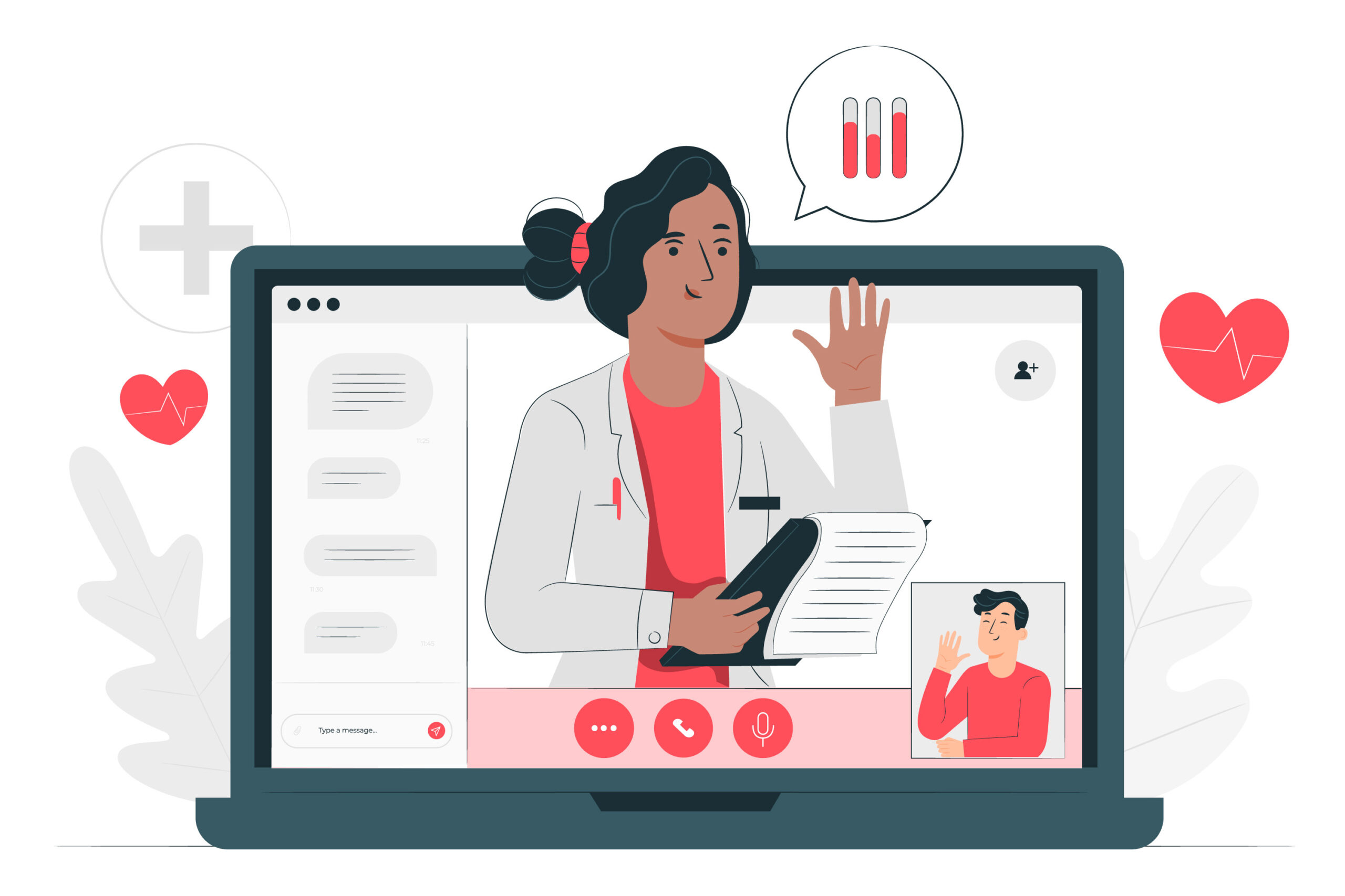 Illustration of a doctor popping out of computer screen with patient in lower left hand corner.