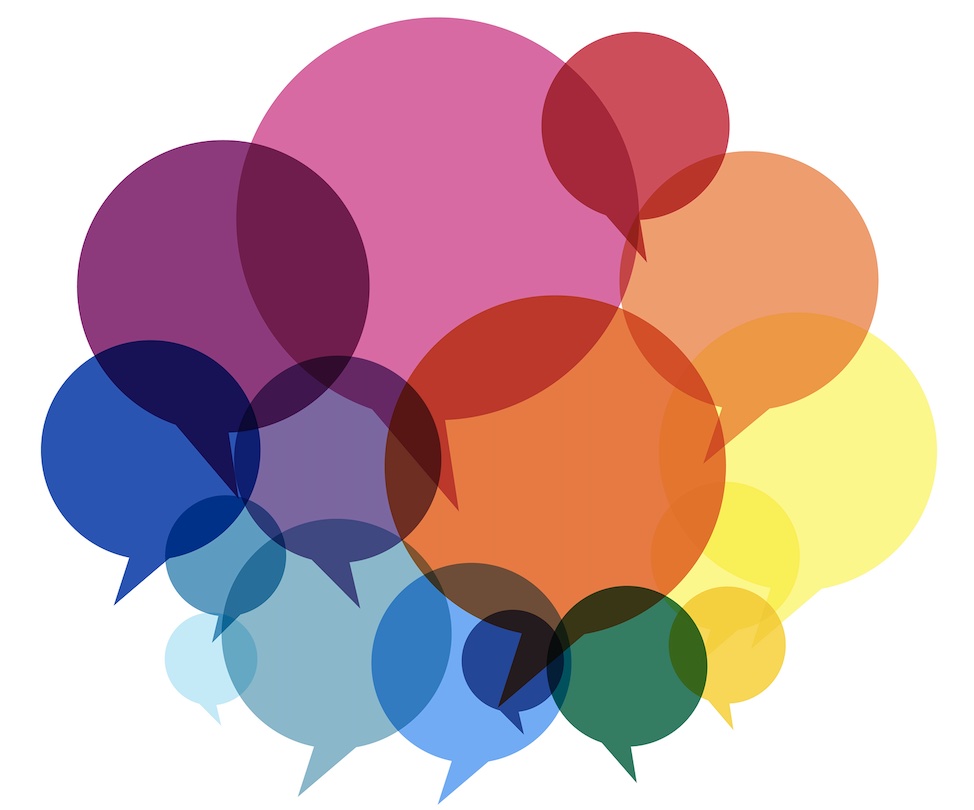 Illustration of colourful, overlapping speech bubbles.