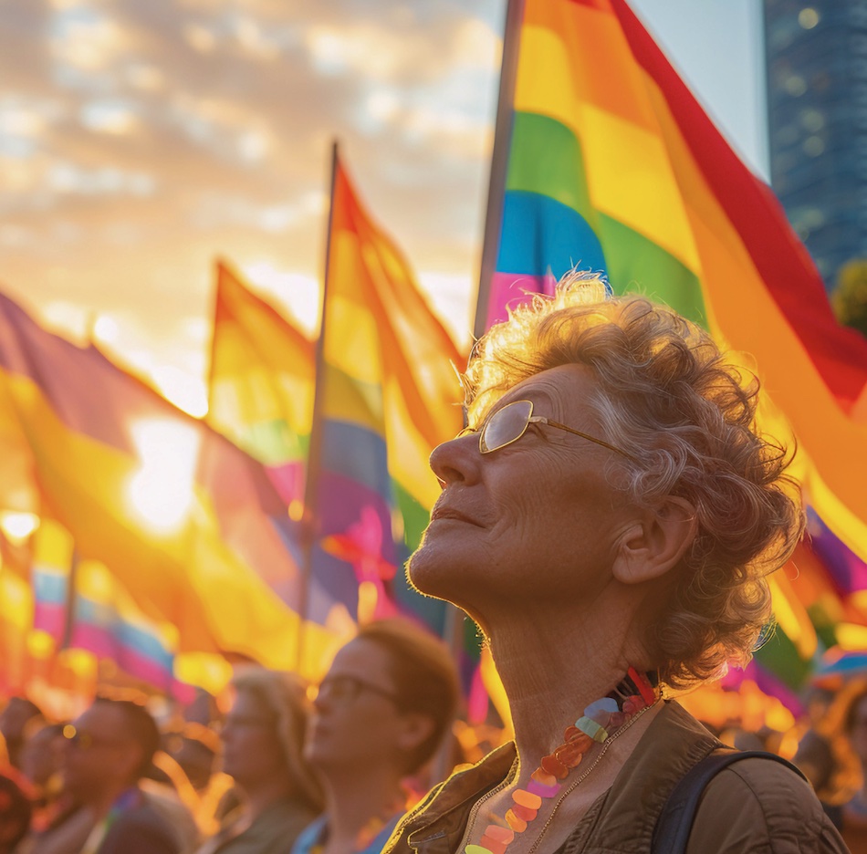Person in front of sunlit Pride flags.