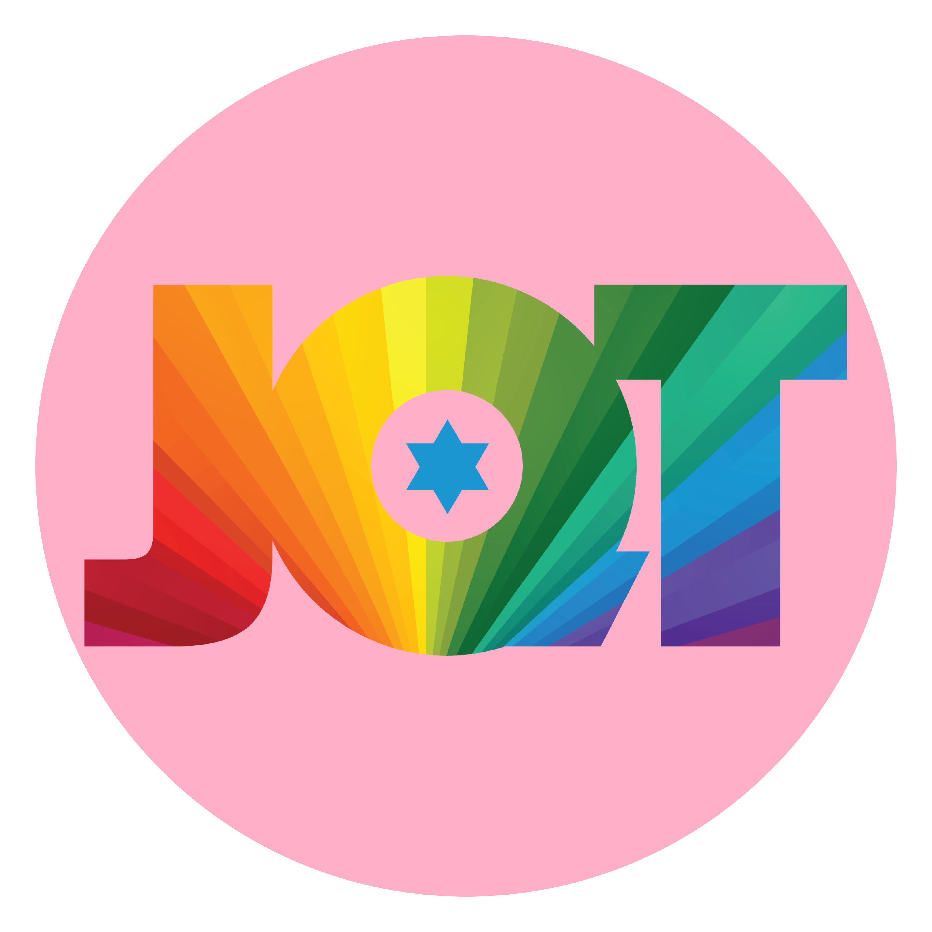 Jewish Queer Trans, pink background rainbow lettering, star of david in Q
