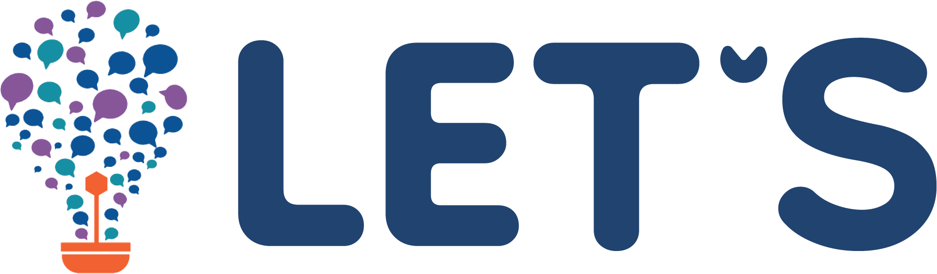 LET’S logo. Lightbulb, with orange base, made of speech bubbles. Also looks like a hot air balloon.