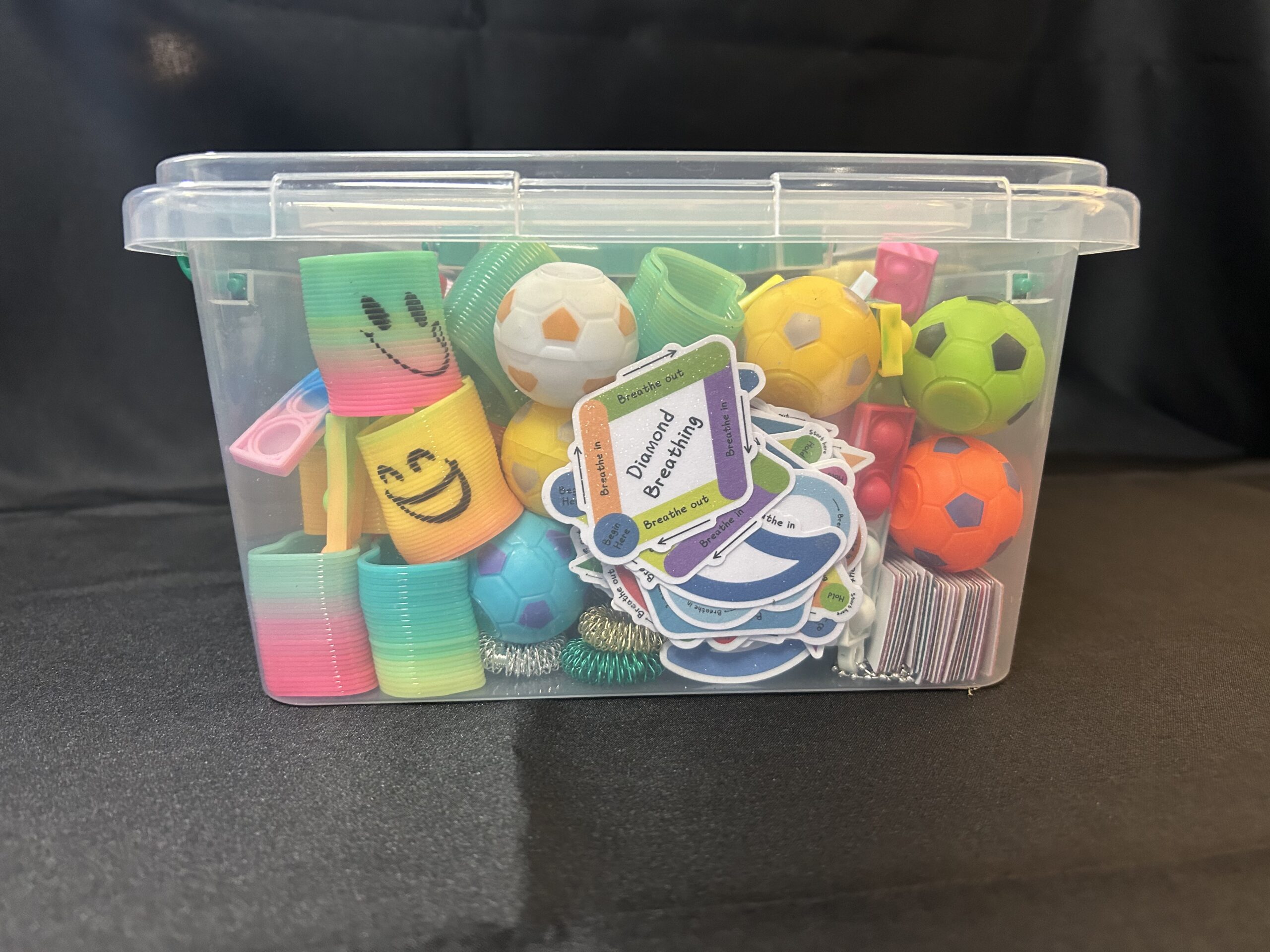 See through box with sensory items.