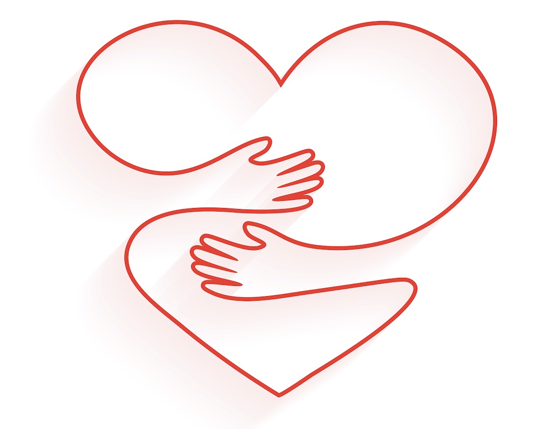 Line drawing, in red, of 2 hands hugging a heart.