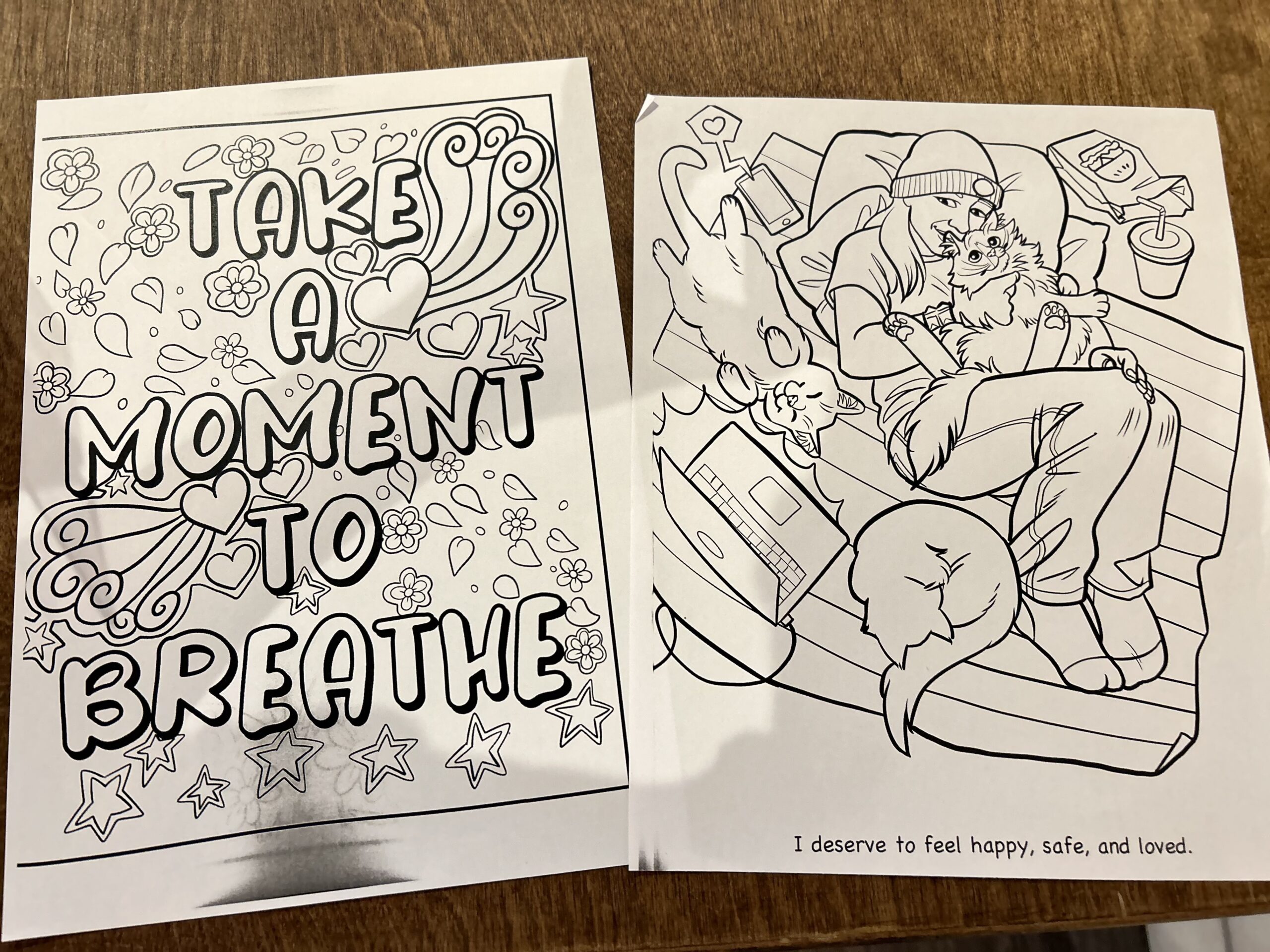 Colouring sheets. 1 says Take a moment to breathe. The other shows a person cuddling their cat on their bed, the text reads I deserve to feel happy, safe, and loved.