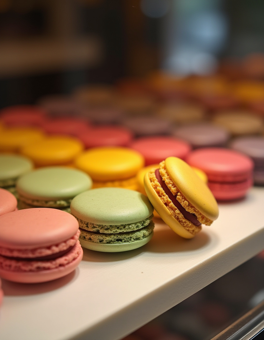Perfect rows of macaroons with 1 out of place and on its side.