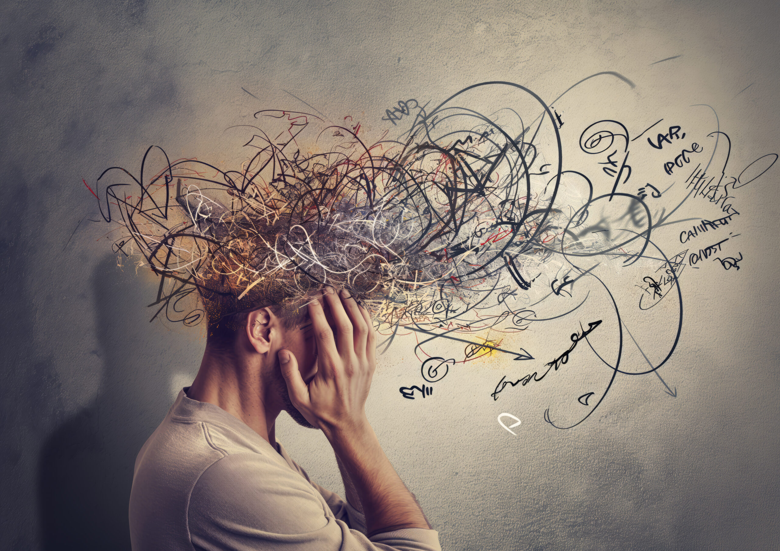 A person holding their head in their hands. Their face and head is obscured by squiggly lines and lettering.