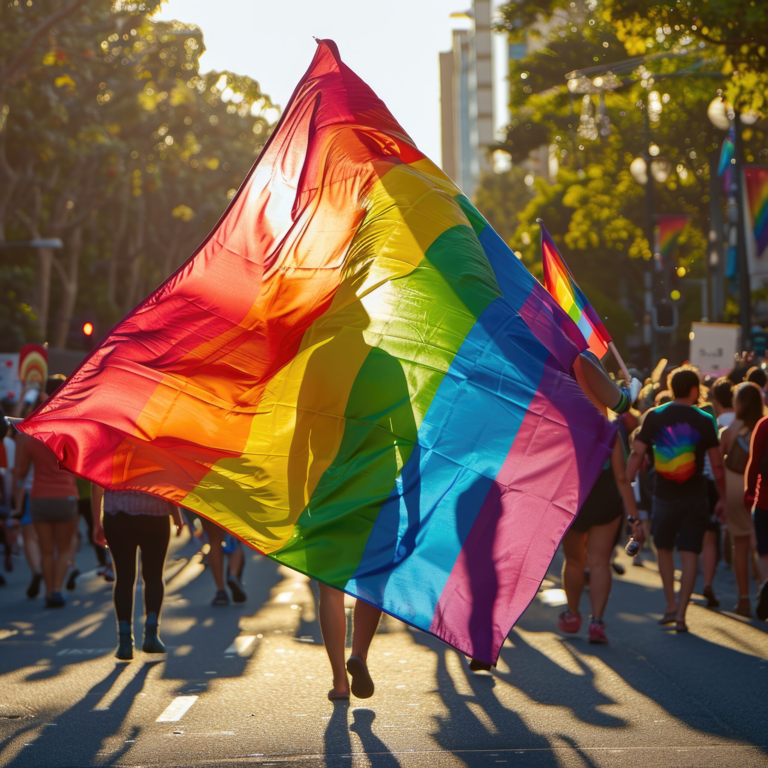 The sun lights up the silhouette of a person in front of a large rainbow flag at a Pride event.