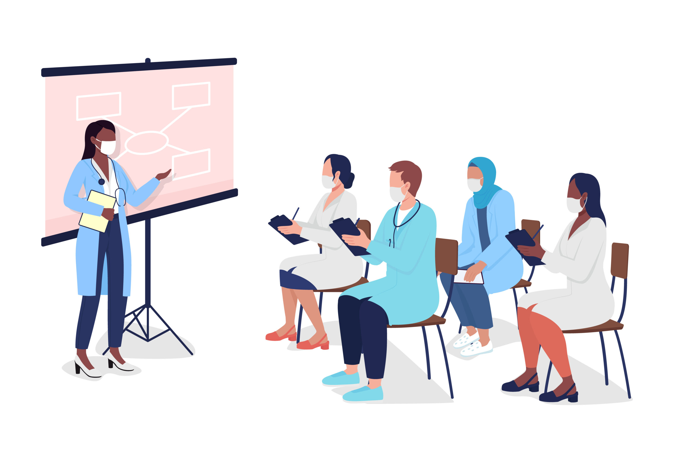 A doctor teaching a class of medical students.