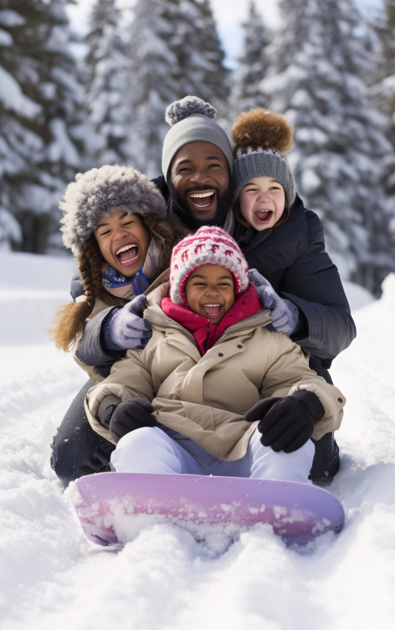 Adult with 3 youth sledding on snow.