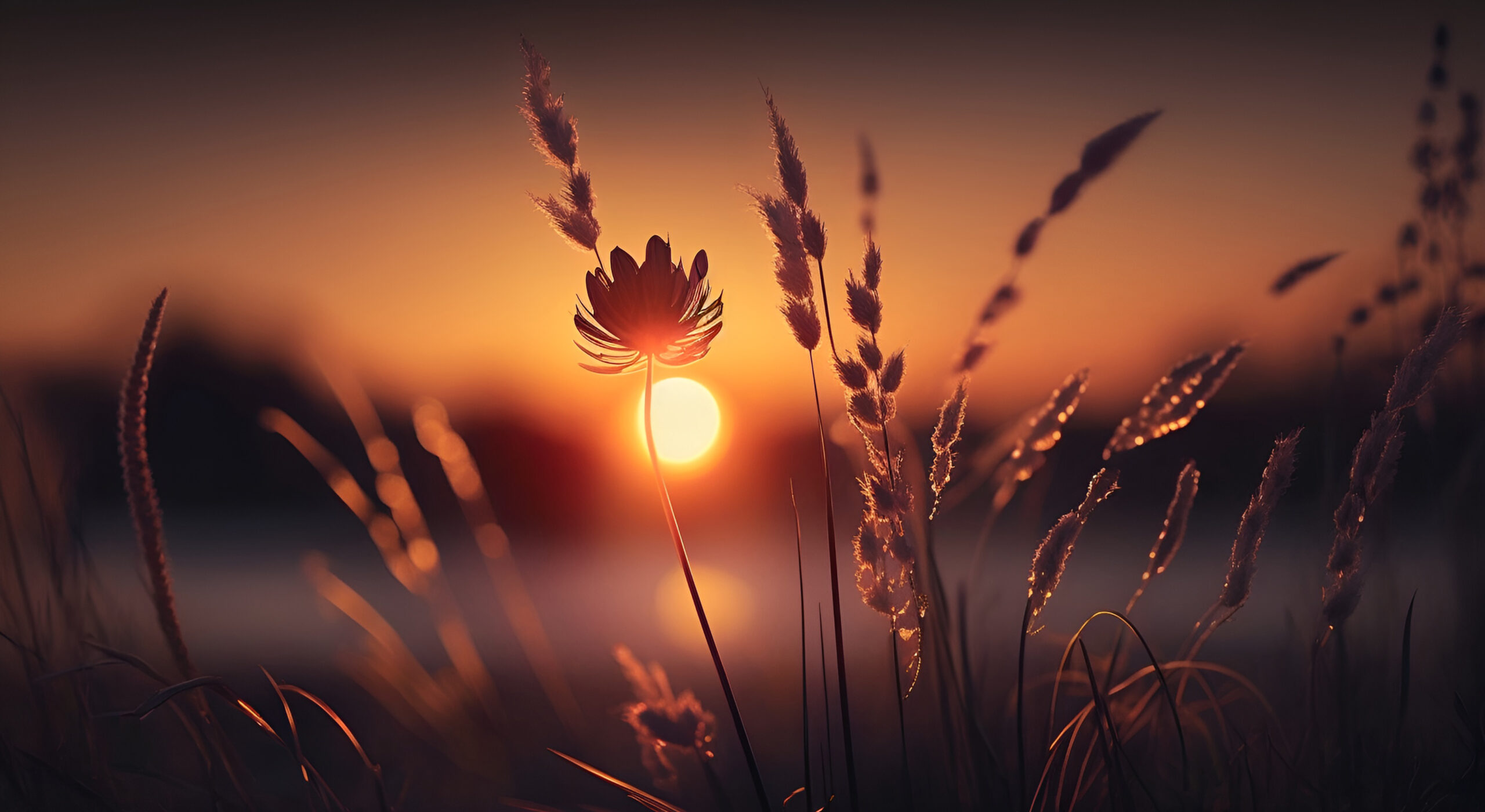 Photo of flower and grass, lit by a golden light from the rising sun.