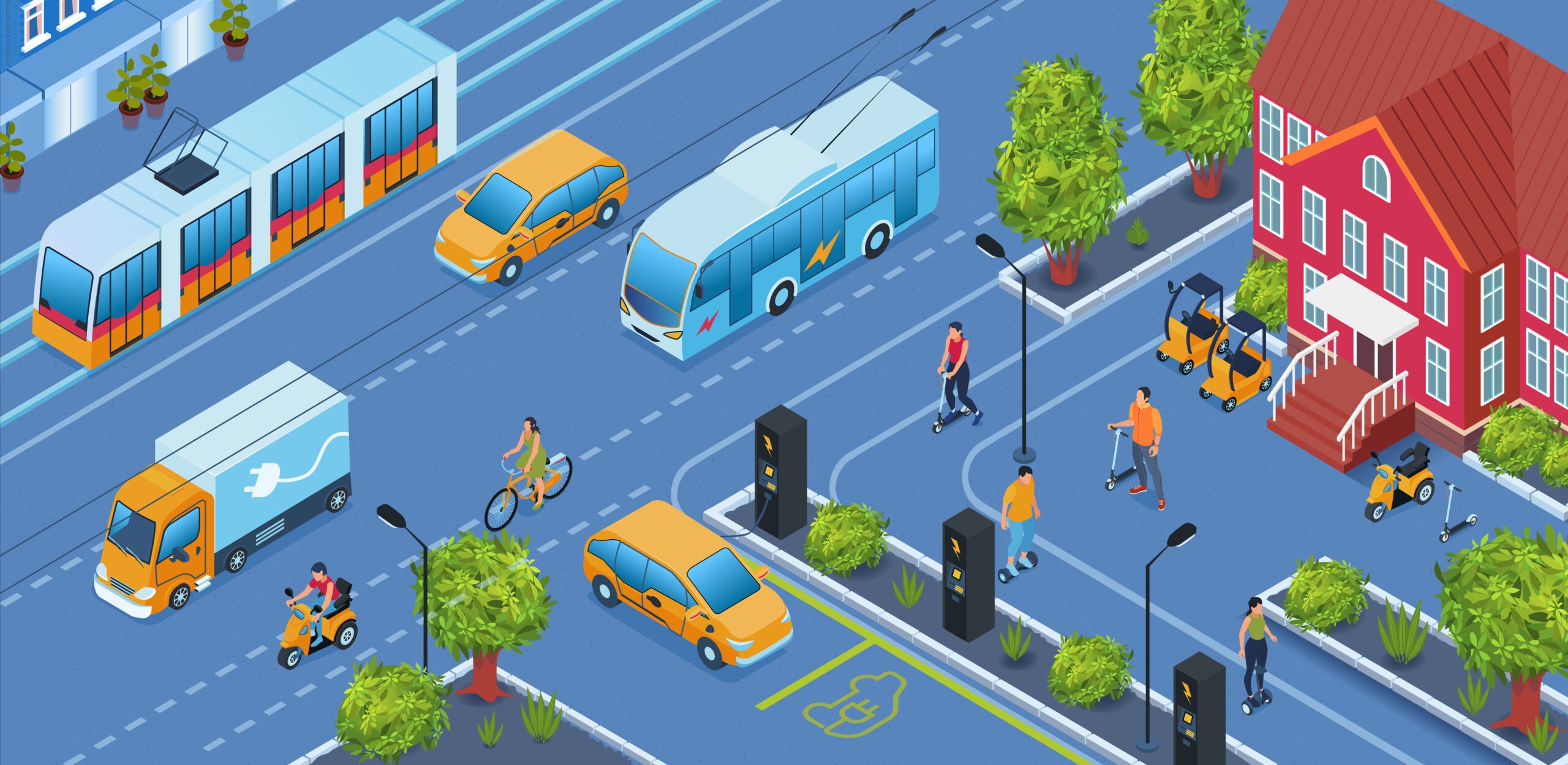 City streetscape with vehicles, buses, taxis, and people on scooters.