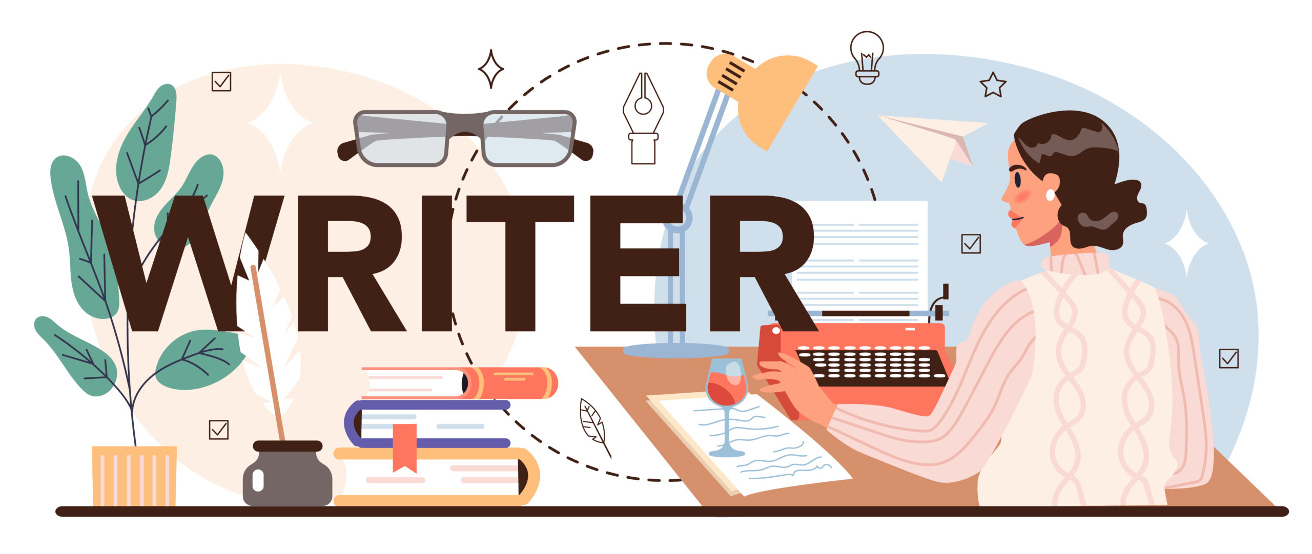 A person writing on typewriter, surrounded by books, glasses, and plants.
